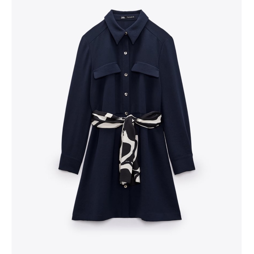 Zara Navy Blue Mini Dress with Black & White Scarf Belt